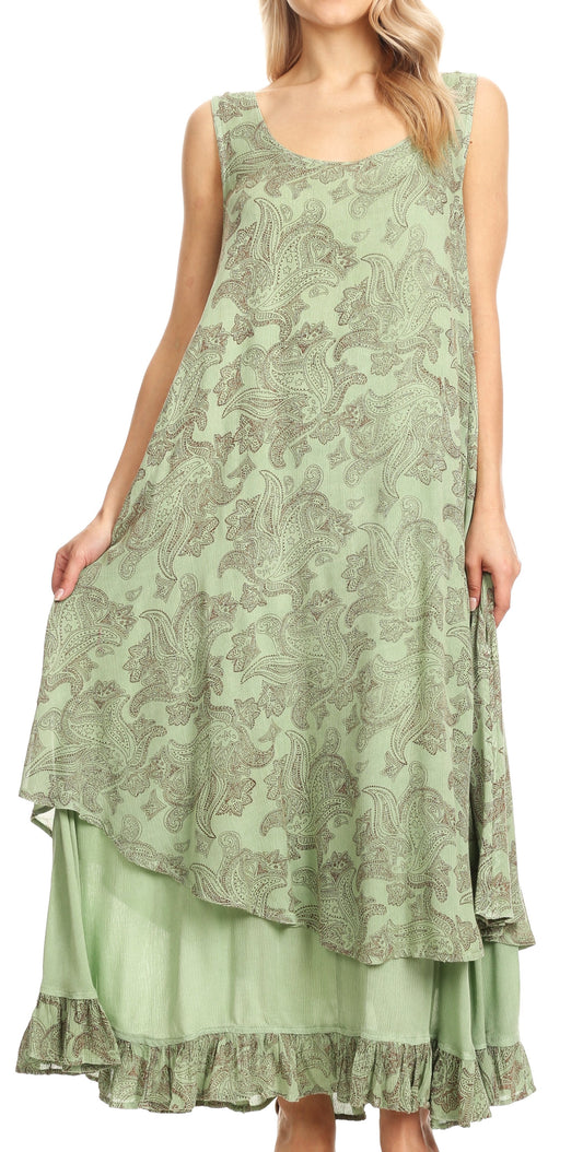 Sakkas Paak Tall Long Batik Paisely Print Ruffle Hem Lined Caftan Tank Top Dress