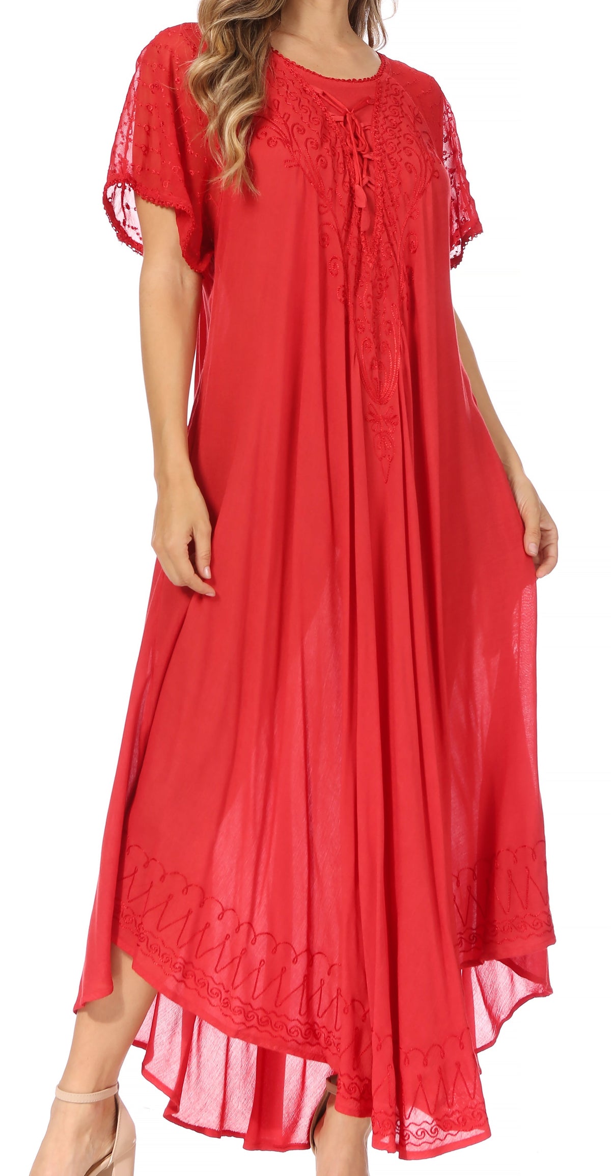 Sakkas Egan Women's Long Embroidered Caftan Dress / Cover Up With Embroidered Cap Sleeves