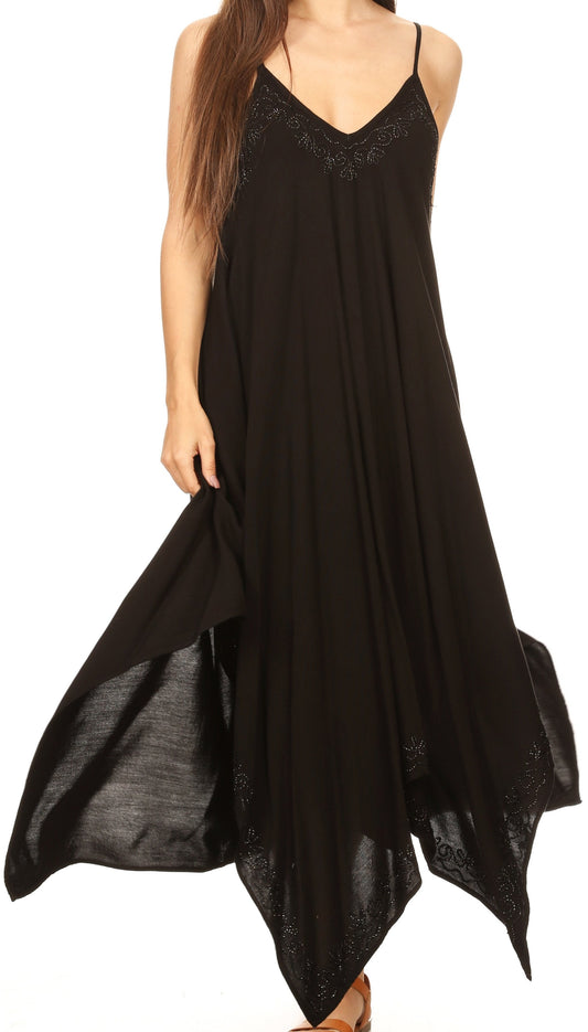 Sakkas Eleonora Stonewashed Embroidered Spaghetti Strap Handkerchief Dress