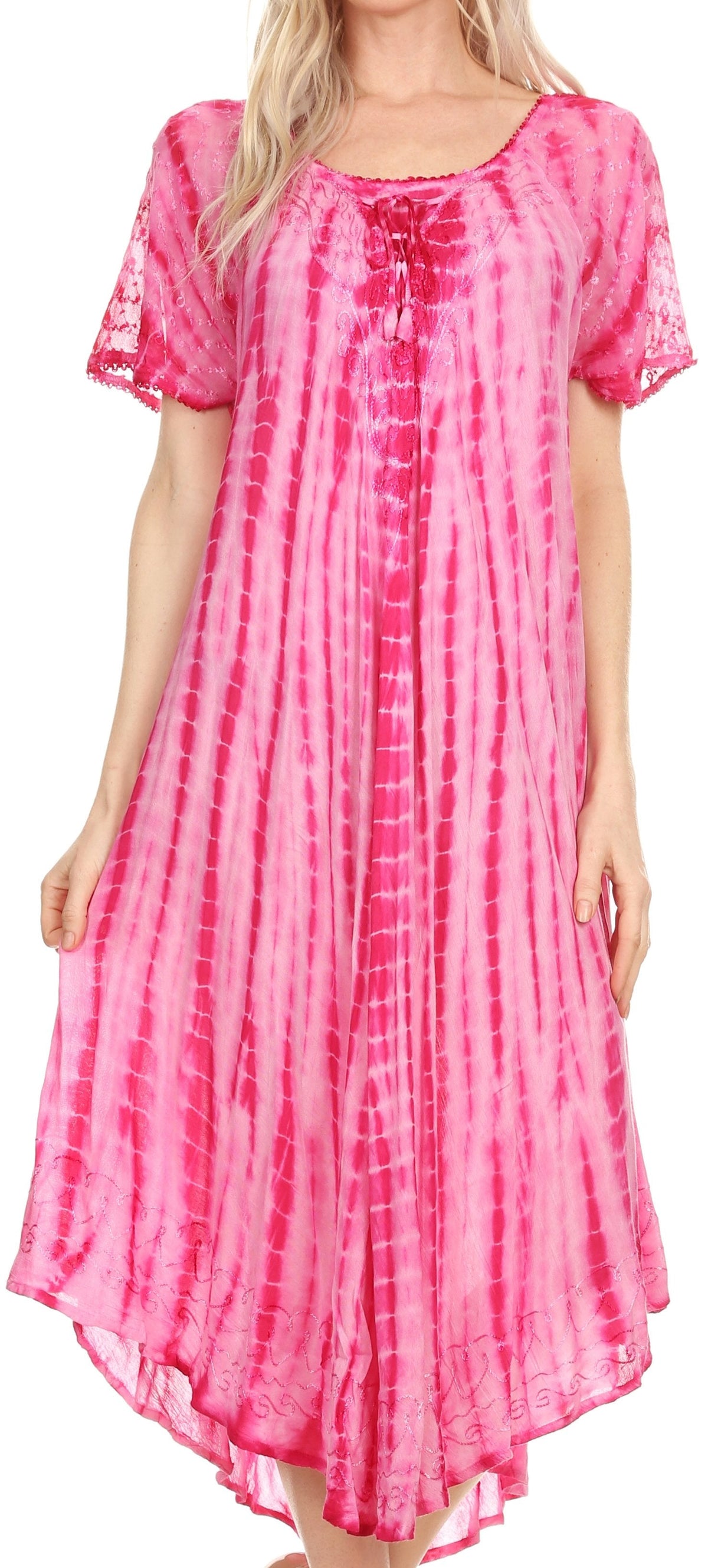 Sakkas Yasmin Tie Dye Embroidered Sheer Cap Sleeve Sundress | Cover Up