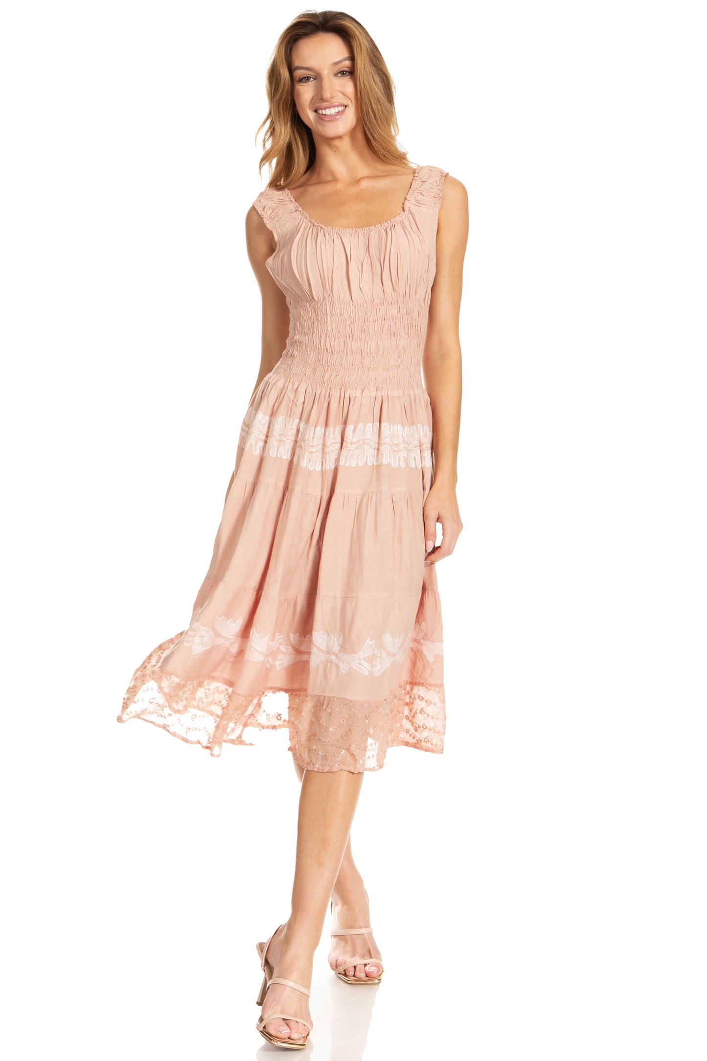Sakkas Alba Women's Off The Shoulder Smock Ruffle Midi Dress Tie Dye & Embroidery