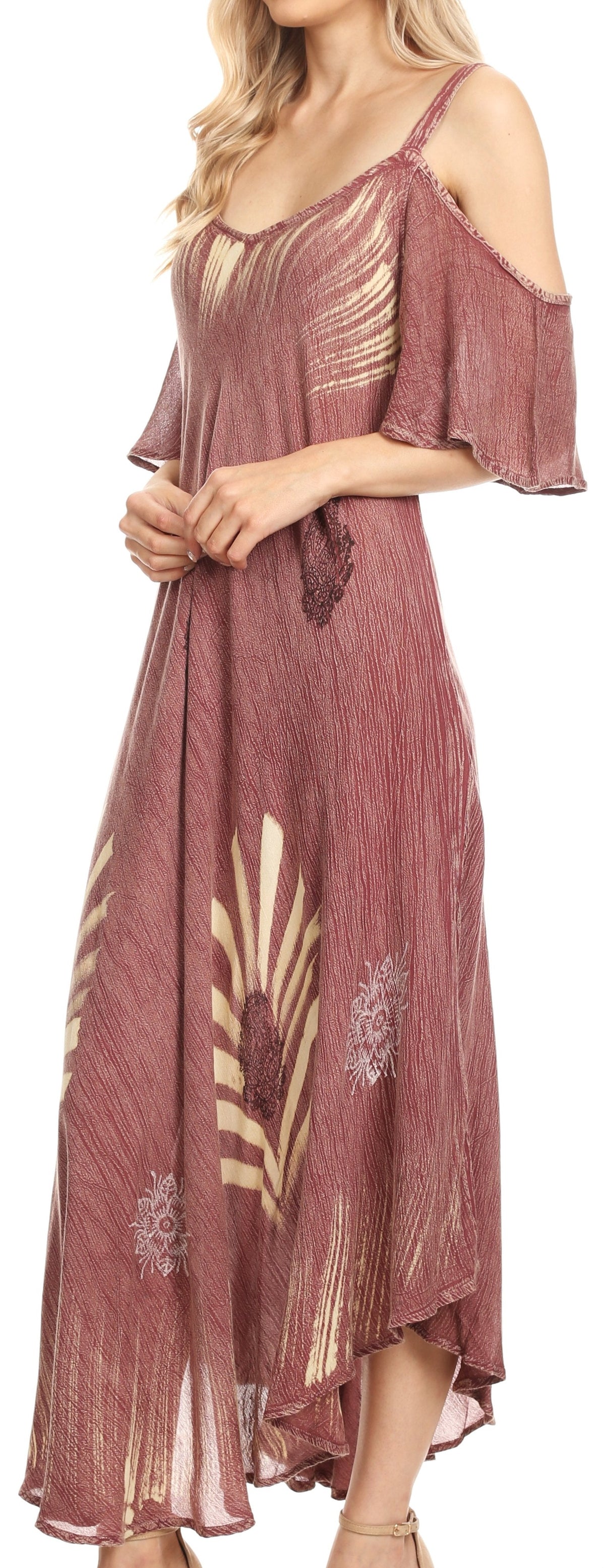 Sakkas Renata Women's Cold Shoulder Maxi Caftan Dress Sundress Flare Stonewashed