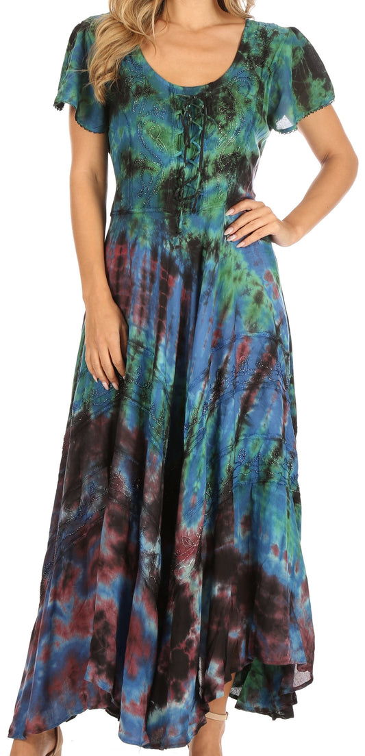 Sakkas Lia Vestido Largo Peasant de Manga Corta con Corsé, Tie-dye y Bordados (Tallas Grandes)