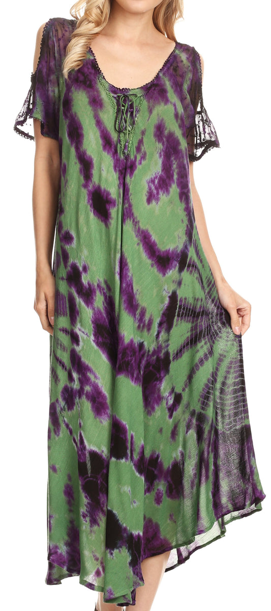 Vestido largo maxi holgado Sakkas Ada de mujer con hombros descubiertos, teñido anudado y corsé