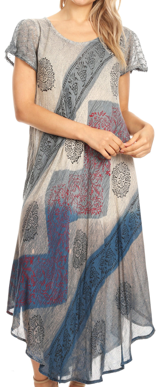 Sakkas Jonna Vestido Largo Informal de Manga Corta Estilo Tie-Dye Batik para Mujer