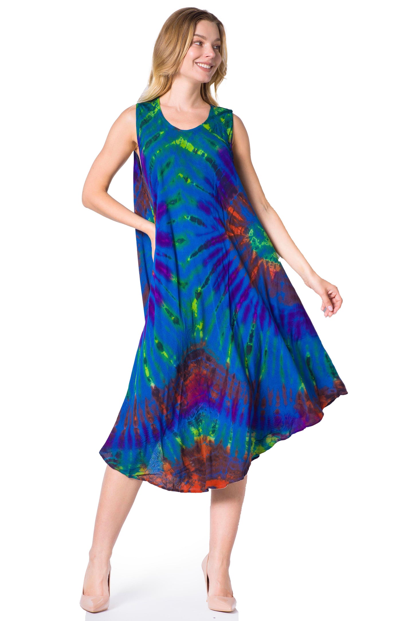 Sakkas Neja - Vestido maxi informal sin mangas holgado con teñido anudado para mujer
