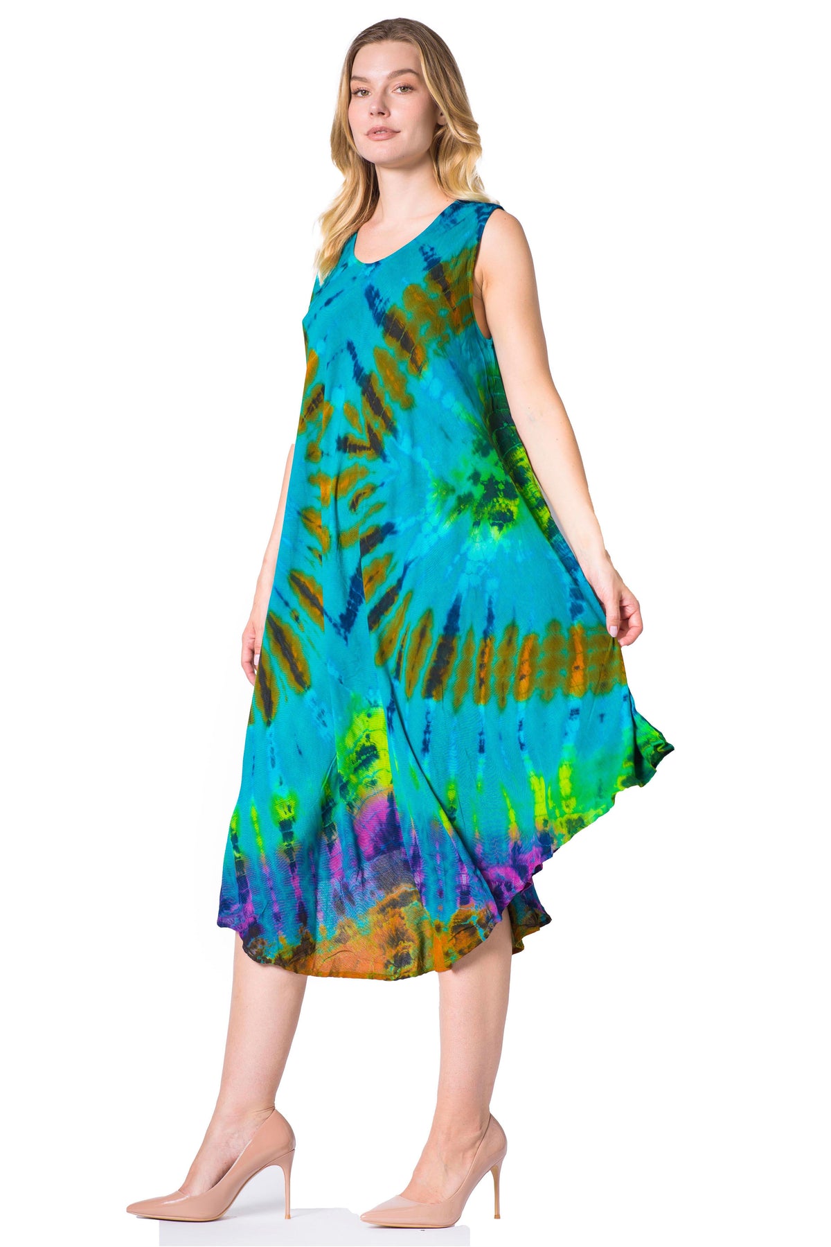 Sakkas Neja - Vestido maxi informal sin mangas holgado con teñido anudado para mujer