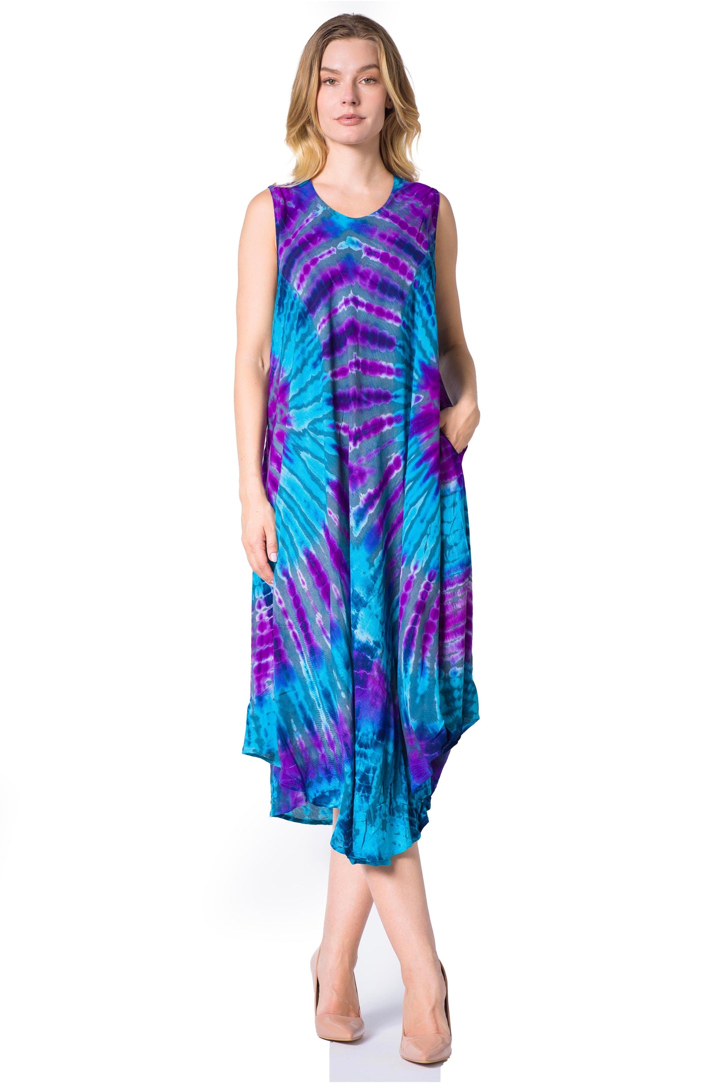 Sakkas Neja - Vestido maxi informal sin mangas holgado con teñido anudado para mujer