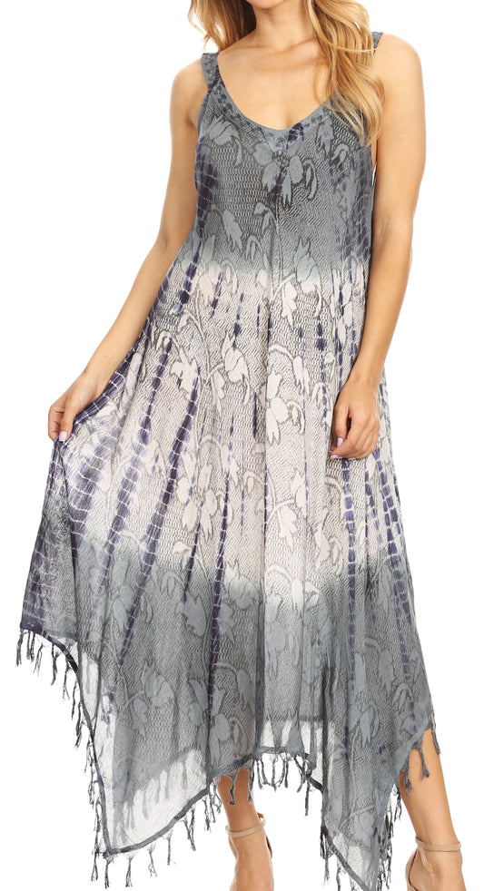 Sakkas Lupe - Vestido Maxi Informal de Verano con Flecos, Escote en V, Bajo Irregular y Cubrebaños para Mujer