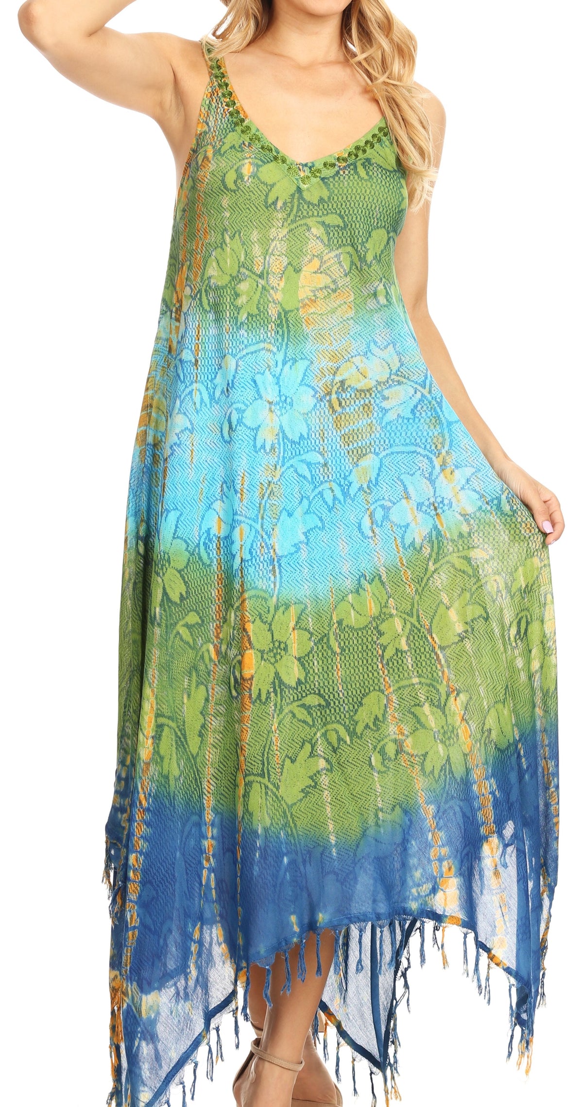 Sakkas Lupe Women's Casual Summer Fringe Maxi Loose V-neck High-low Dress Cover-up