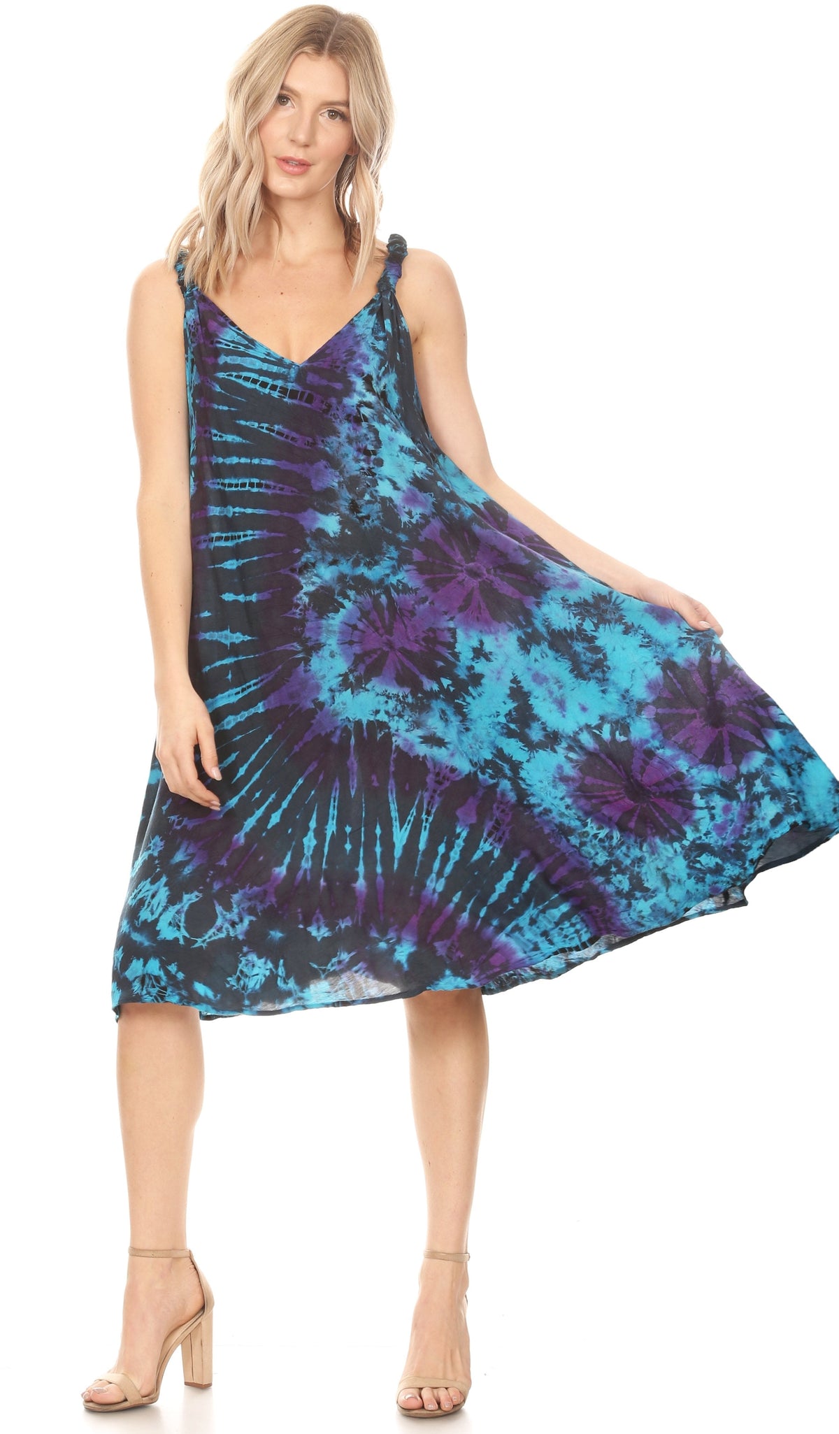 Sakkas Rute Women's Sleeveless V-neck Ruched Flared Loose Midi Summer Casual Dress