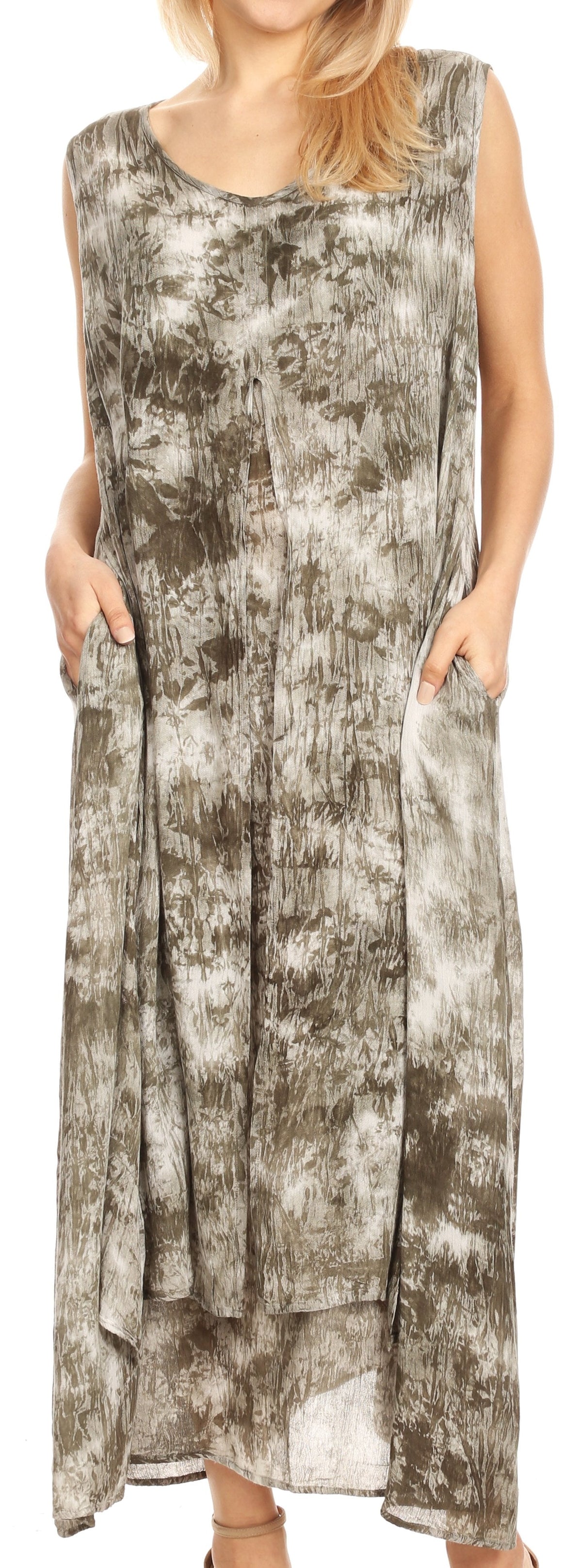 Sakkas Arisa Women's Maxi Casual Tie Dye Sleeveless Layered Cover up Tank Dress