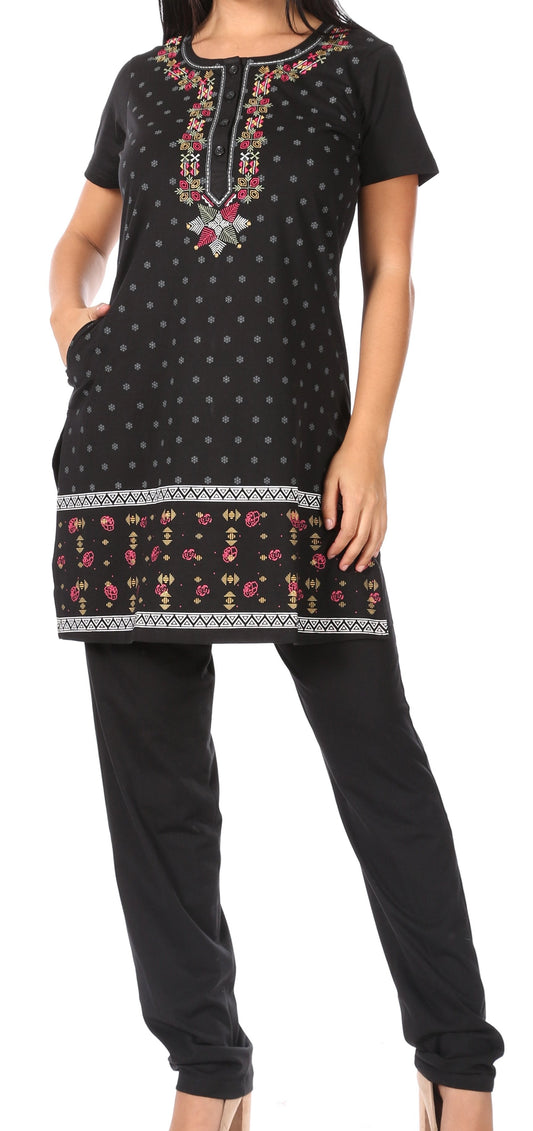 Sakkas Maria Conjunto de pantalón y Kurti suave con túnica informal, bordado liso, de punto, para mujer