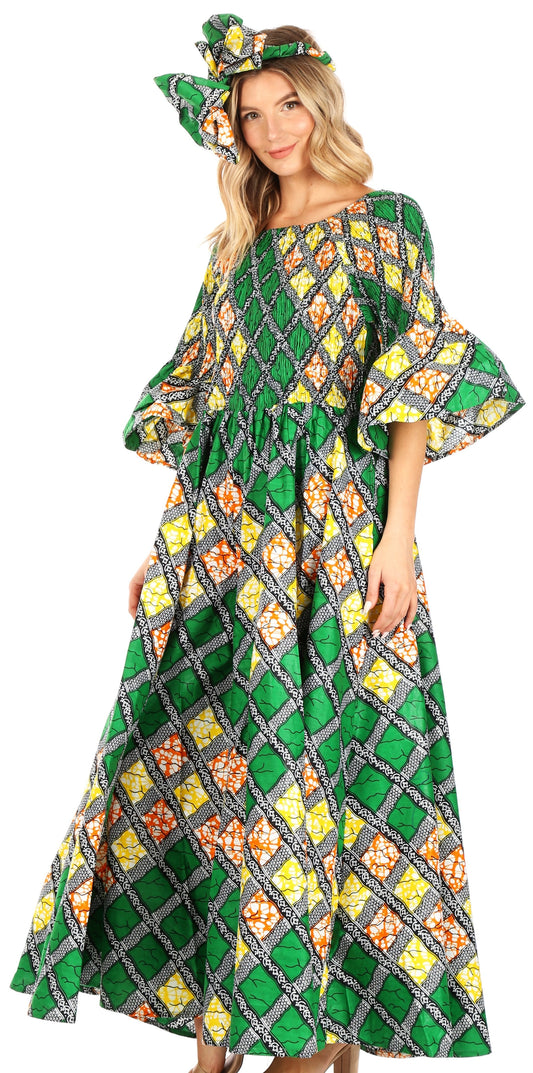 Sakkas Ina - Mono Vestido de Mujer con Estampado Africano Ankara, Pierna Ancha y Hombros Descubiertos