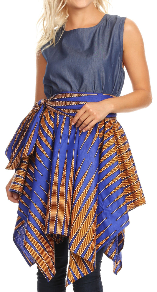 Sakkas Lani Vestido de cóctel sin mangas con dobladillo asimétrico y estampado africano para mujer con bolsillos