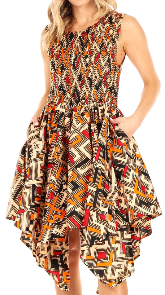 Sakkas Lima - Vestido cóctel corto sin mangas informal africano Ankara para mujer con bolsillos