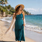Sakkas Stonewashed Rayon Embroidered Adjustable Spaghetti Straps Long Dress