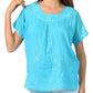 Sakkas Embroidered 100% Cotton Scoop Neck Semi-Sheer Short Sleeve Gauzy Top / Blouse