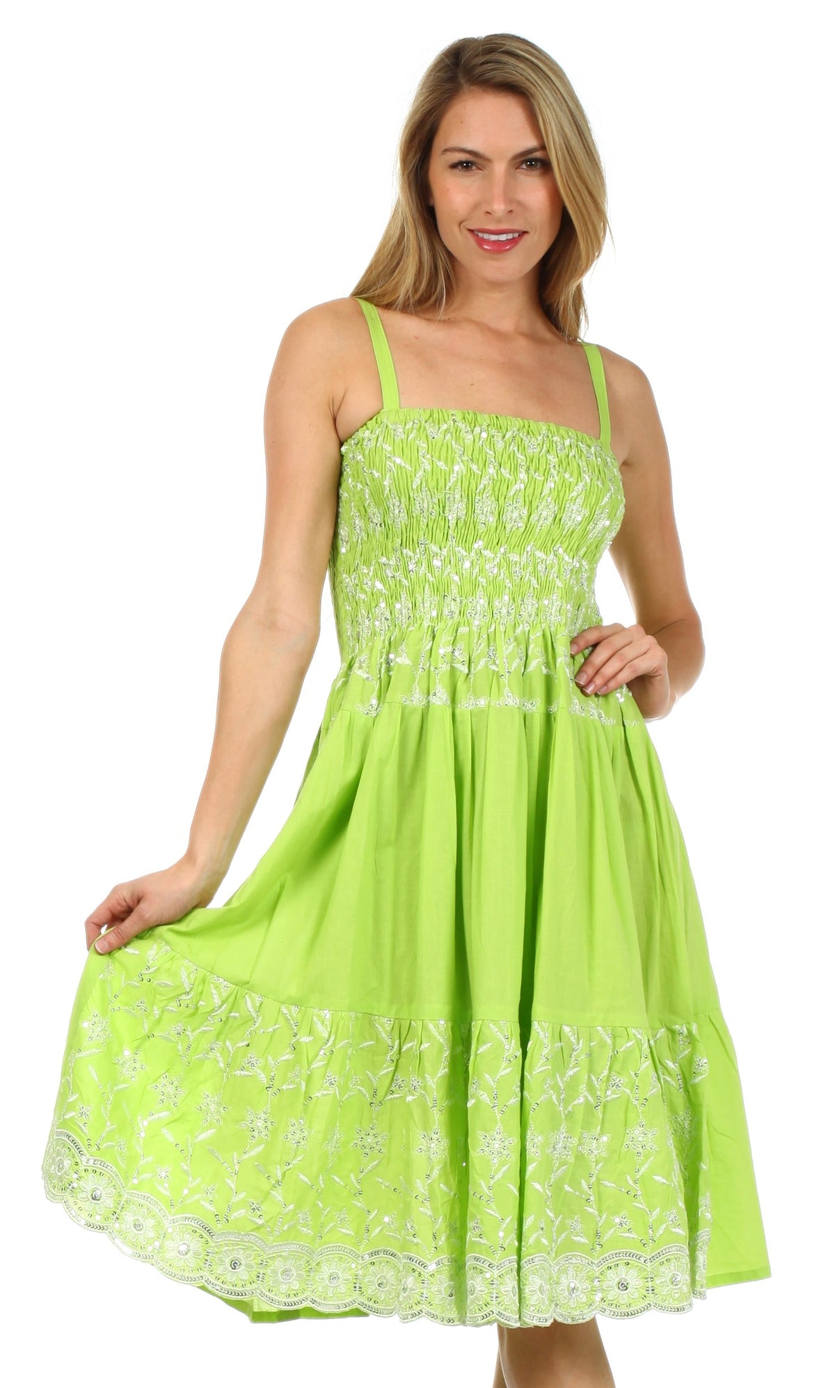 Sakkas Sequin Embroidered Smocked Bodice Knee Length Dress
