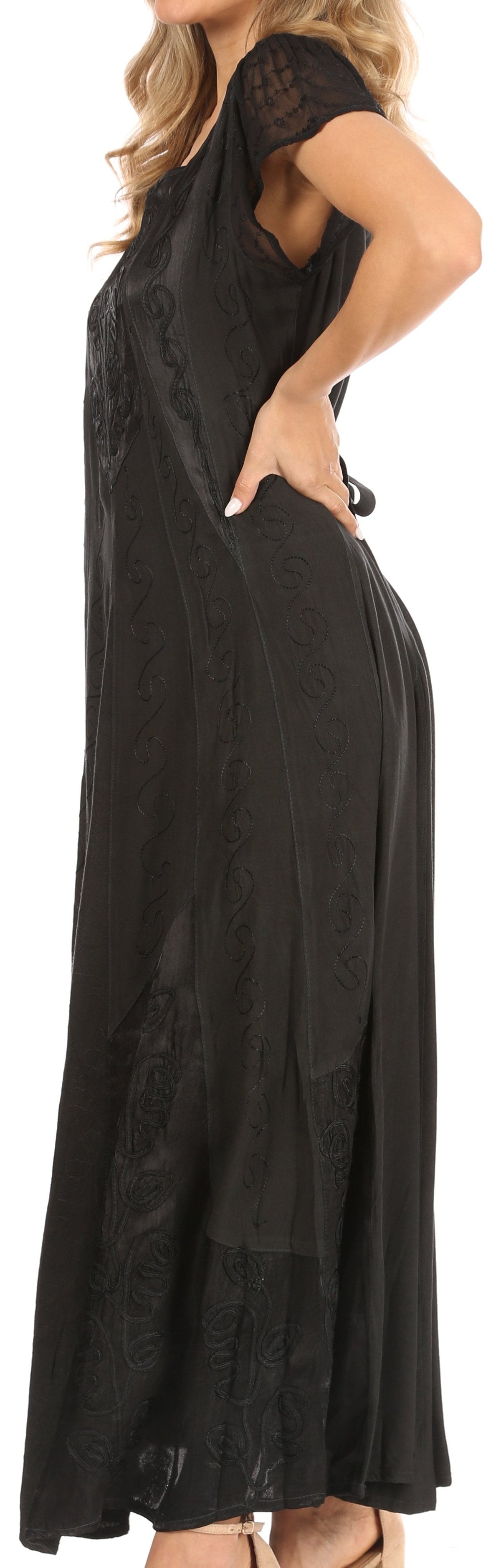 Sakkas Marni Women's Casual Maxi Short Sleeve Stonewashed Long Caftan Dress Lace