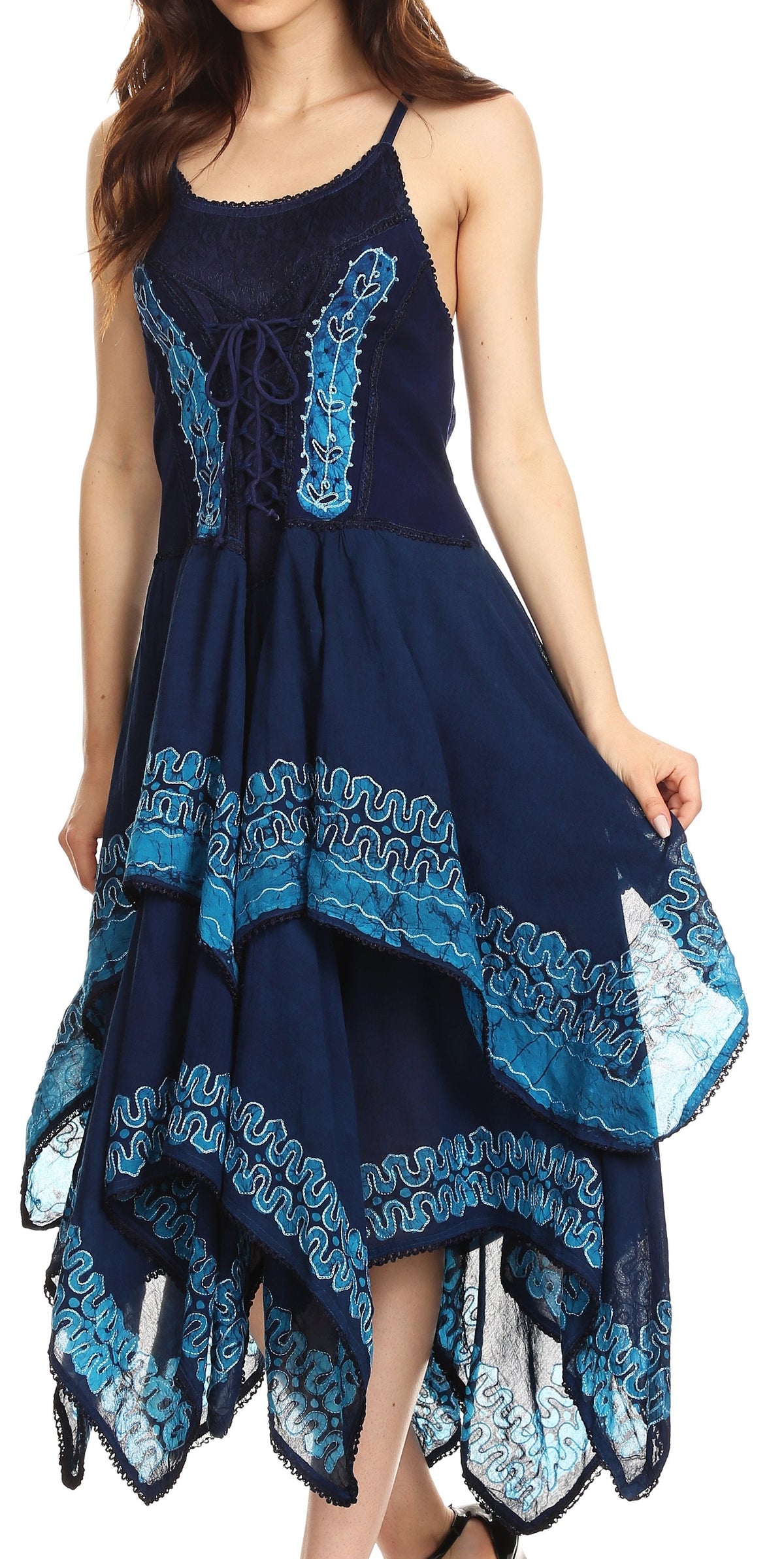 Sakkas Batik Corset Style Bodice Handkerchief Hem Dress
