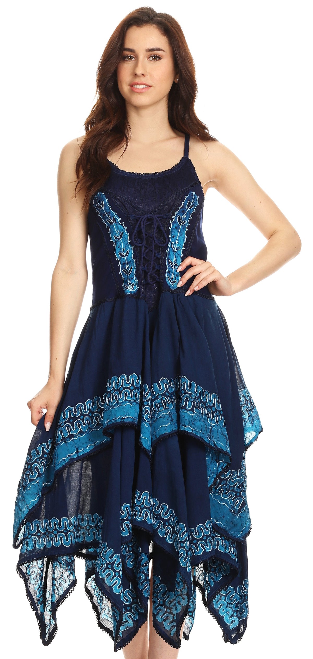 Sakkas Batik Corset Style Bodice Handkerchief Hem Dress