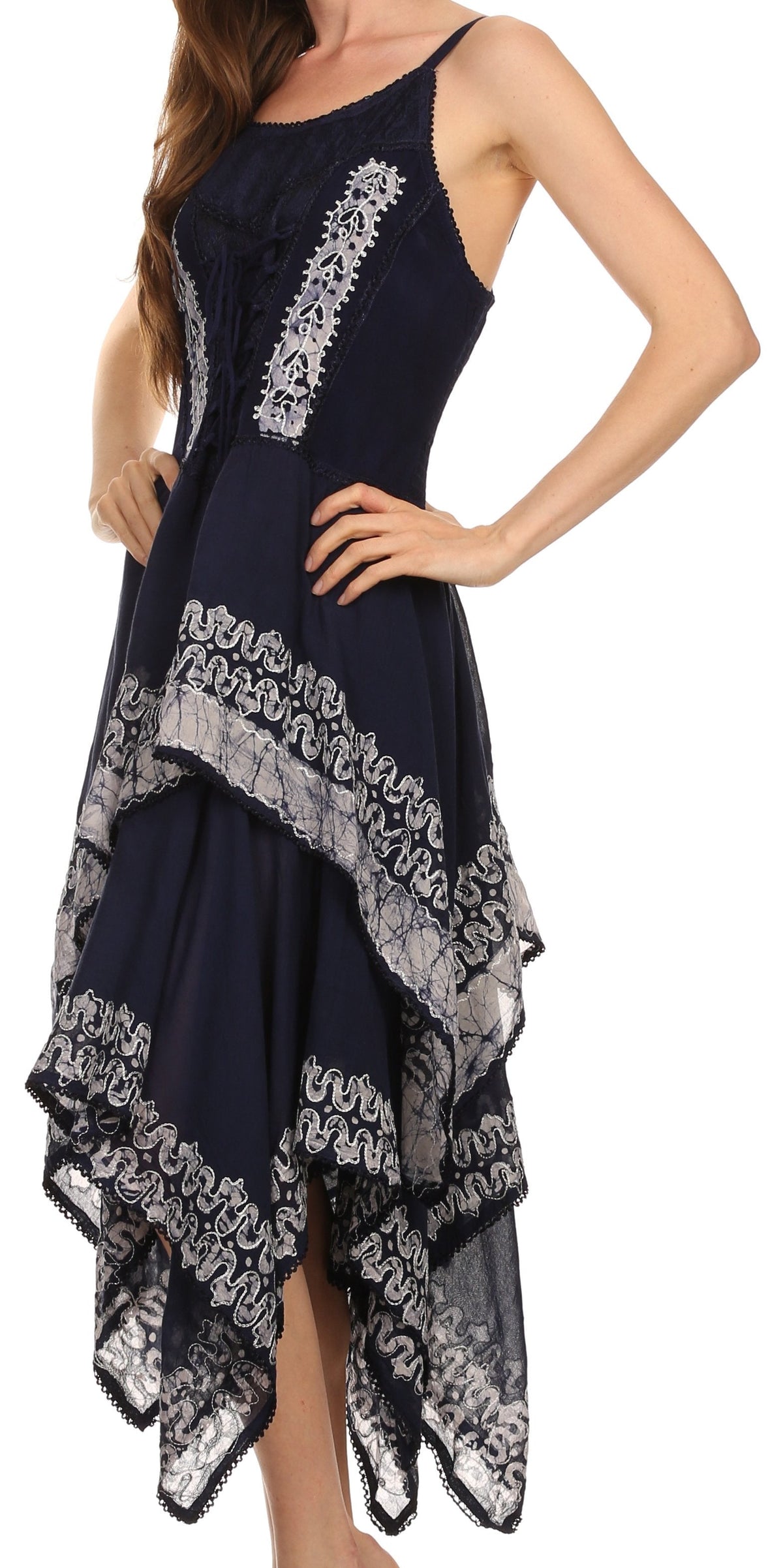 Sakkas Batik Corset Style Bodice Handkerchief Hem Dress