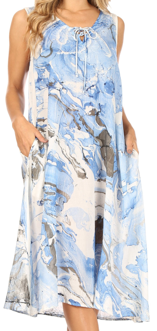 Sakkas Ilaria Vestido Midi sin Mangas Casual Holgado Acampanado Estampado Tipo Caftán con Bolsillo para Mujer