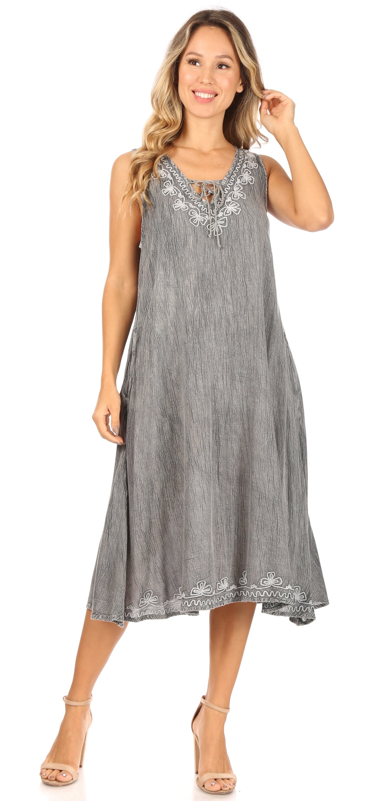 Sakkas Ilaria Women's Midi Sleeveless Casual Loose Flare Print Dress Caftan Pocket