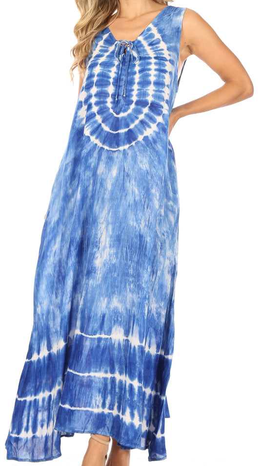 Sakkas Leonor Vestido Largo Maxi sin Mangas Estampado con Bolsillos y Lazos para Mujer