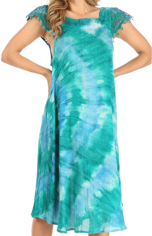 Sakkas Trila - Vestido midi suelto informal de verano para mujer con encaje bohemio de manga corta, fluido