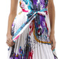 Satin Pleated Short Sleeveless Dress with Paisley Design