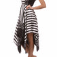 Striped Satin Feel Beaded Halter Smocked Bodice Handkerchief Hem Dress