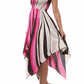 Swirl Design Satin Feel Beaded Halter Smocked Bodice Handkerchief Hem Dress