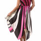 Swirl Design Satin Feel Beaded Halter Smocked Bodice Handkerchief Hem Dress