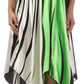 Swirl Design Satin Feel Beaded Halter Smocked Bodice Handkerchief Hem Dress