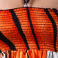 Swirl Design Satin Feel Beaded Halter Smocked Bodice Handkerchief Hem Dress