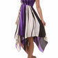 Swirl Design Satin Feel Beaded Halter Smocked Bodice Handkerchief Hem Dress