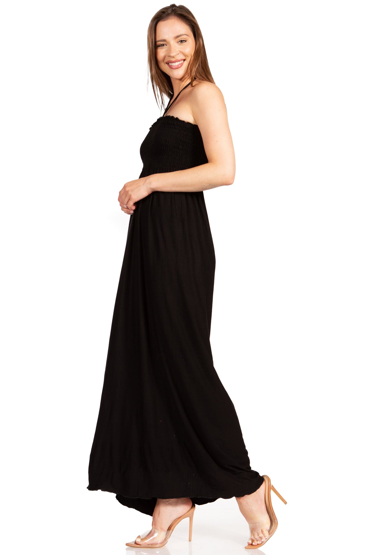 Sakkas Soft Jersey Feel Solid Color Smocked Bodice String Halter Long Dress