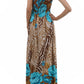 Rose and Zebra Graphic Print Beaded Halter Smocked Bodice Maxi / Long Dress