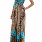 Rose and Zebra Graphic Print Beaded Halter Smocked Bodice Maxi / Long Dress