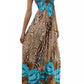 Rose and Zebra Graphic Print Beaded Halter Smocked Bodice Maxi / Long Dress