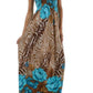 Rose and Zebra Graphic Print Beaded Halter Smocked Bodice Maxi / Long Dress