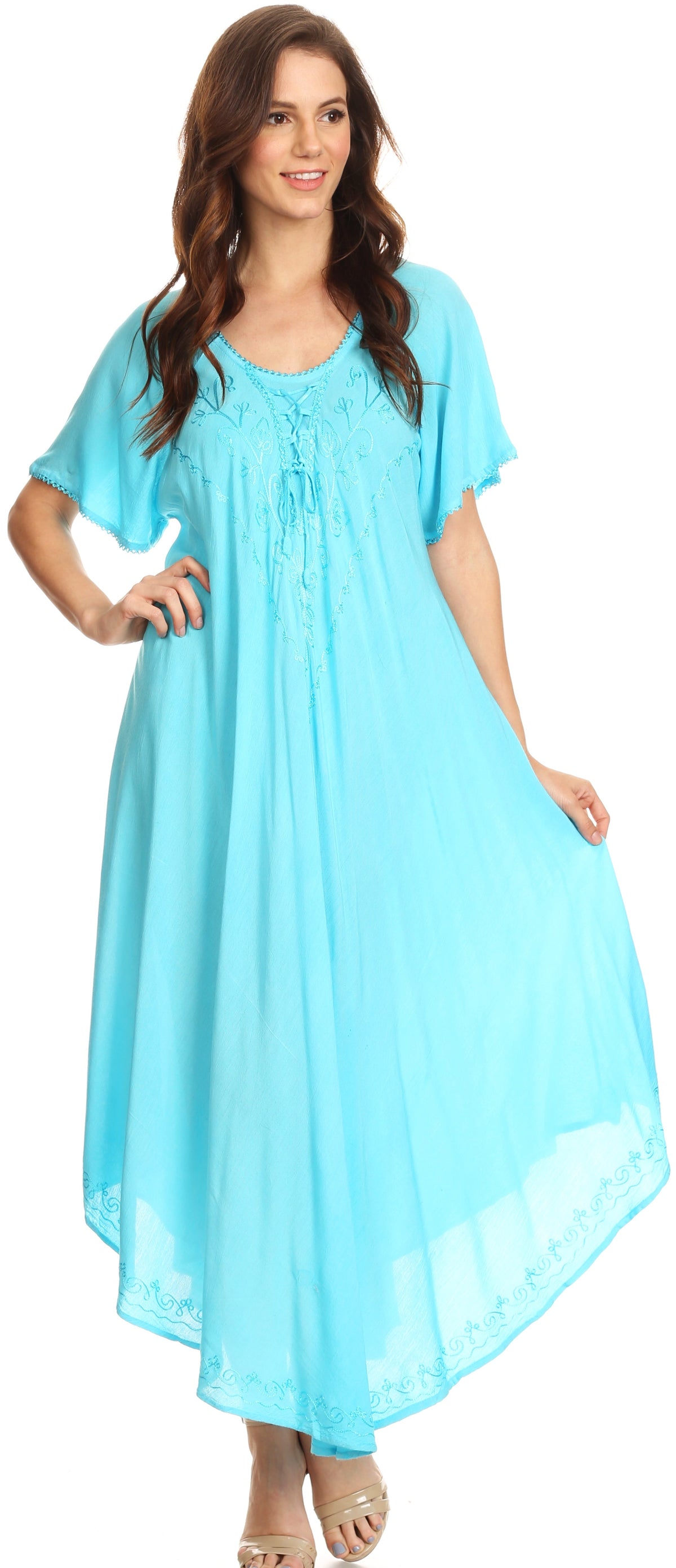 Sakkas Lilia Embroidered Lace Up Bodice Relaxed Fit  Maxi Sun Dress