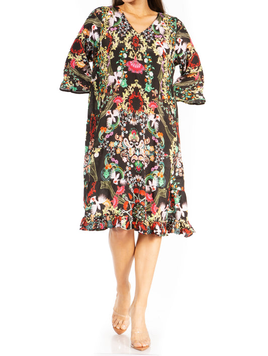 Sakkas Ozana Vestido de cóctel midi floral para mujer, cuello en V, manga 3/4