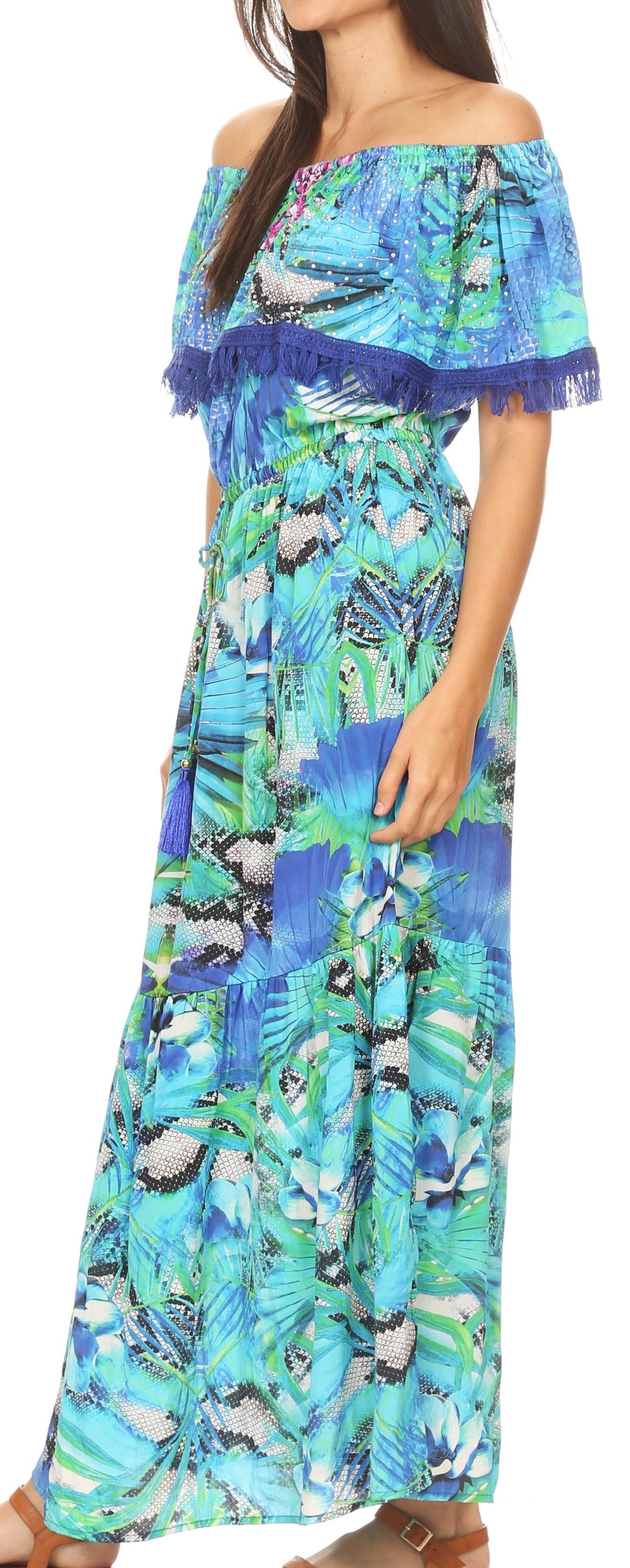 Sakkas Tara Women's Long Maxi Boho Off Shoulder Summer Casual Dress Floral Print