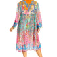 Sakkas Womens 3/4 Puff Sleeves Split Neck Summer Short Flowy Swing Dress/Cover-up