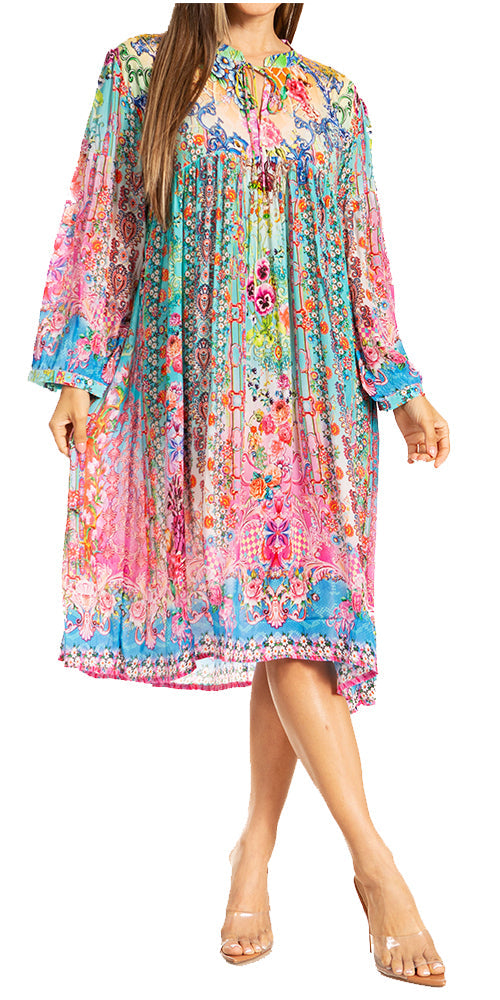 Minivestido/encubrimiento holgado Sakkas de verano con cuello dividido y mangas abullonadas 3/4 para mujer