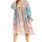 Sakkas Womens 3/4 Puff Sleeves Split Neck Summer Short Flowy Swing Dress/Cover-up