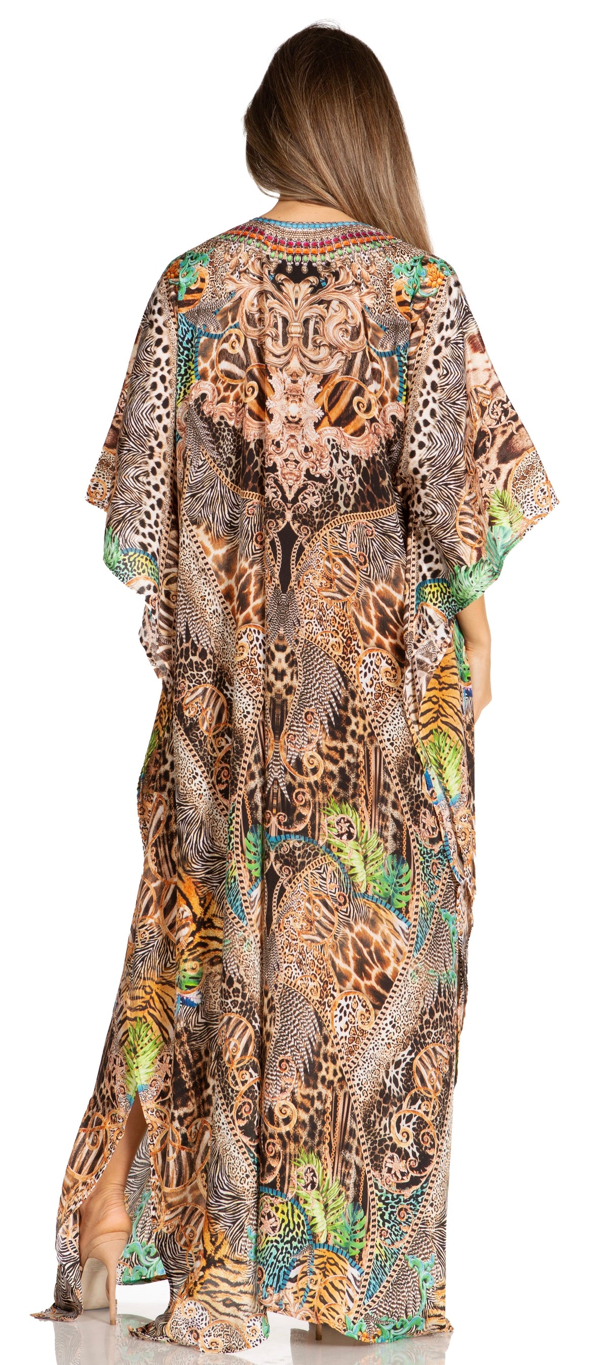 Sakkas Yeni Women's Short Sleeve V-neck Summer Floral Long Caftan Dress Cover-up